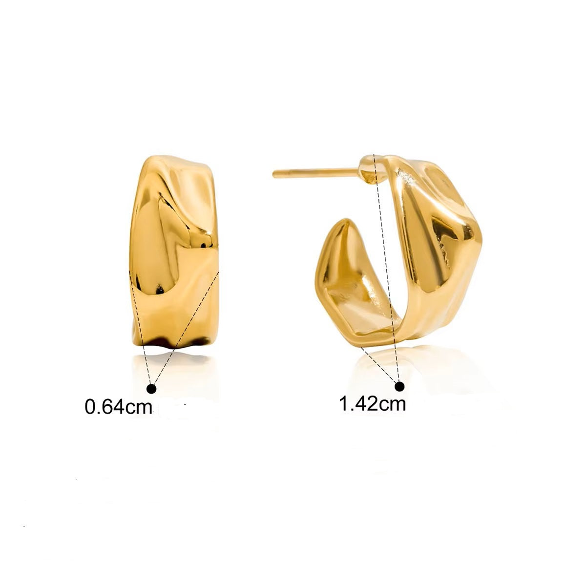 Vattentålig, C-formade Örhängen med Oregelbunden Struktur (Silver, 14K Guldpläterad Yta)