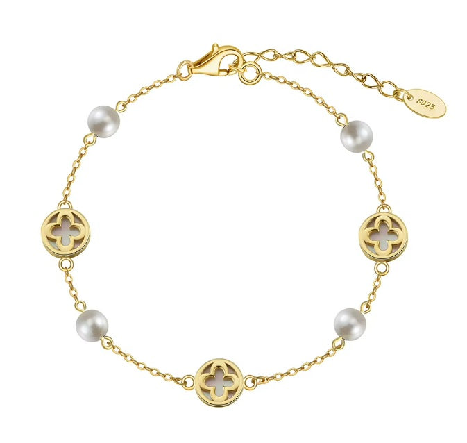 Four Leaf Clover Shell Pearl Bracelet – 14K Gold Plated 925 Silver i flera olika design